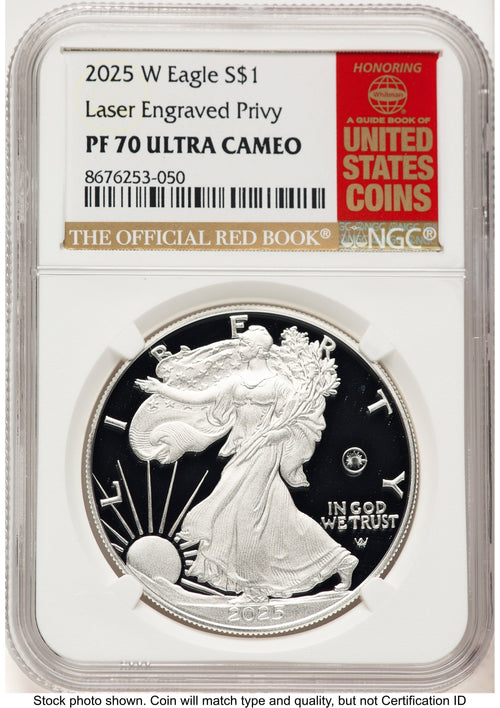 2025-W Proof Silver Eagle Privy Laser Engraved 1 oz Red Book NGC PF70