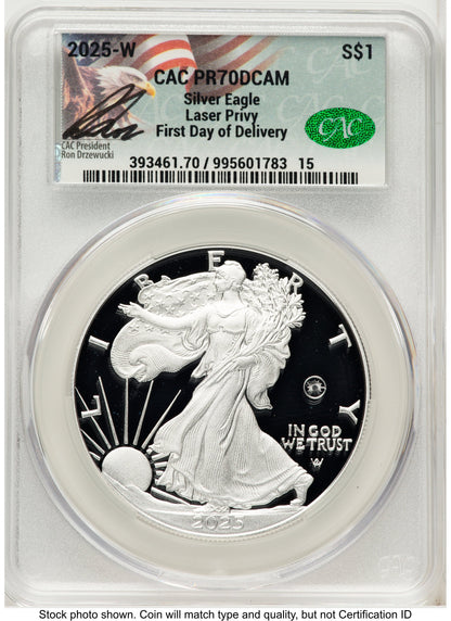 2025-W Proof Silver Eagle Privy Laser Engraved 1 oz First Day of Delivery Ron Drzewuki CACG PR70