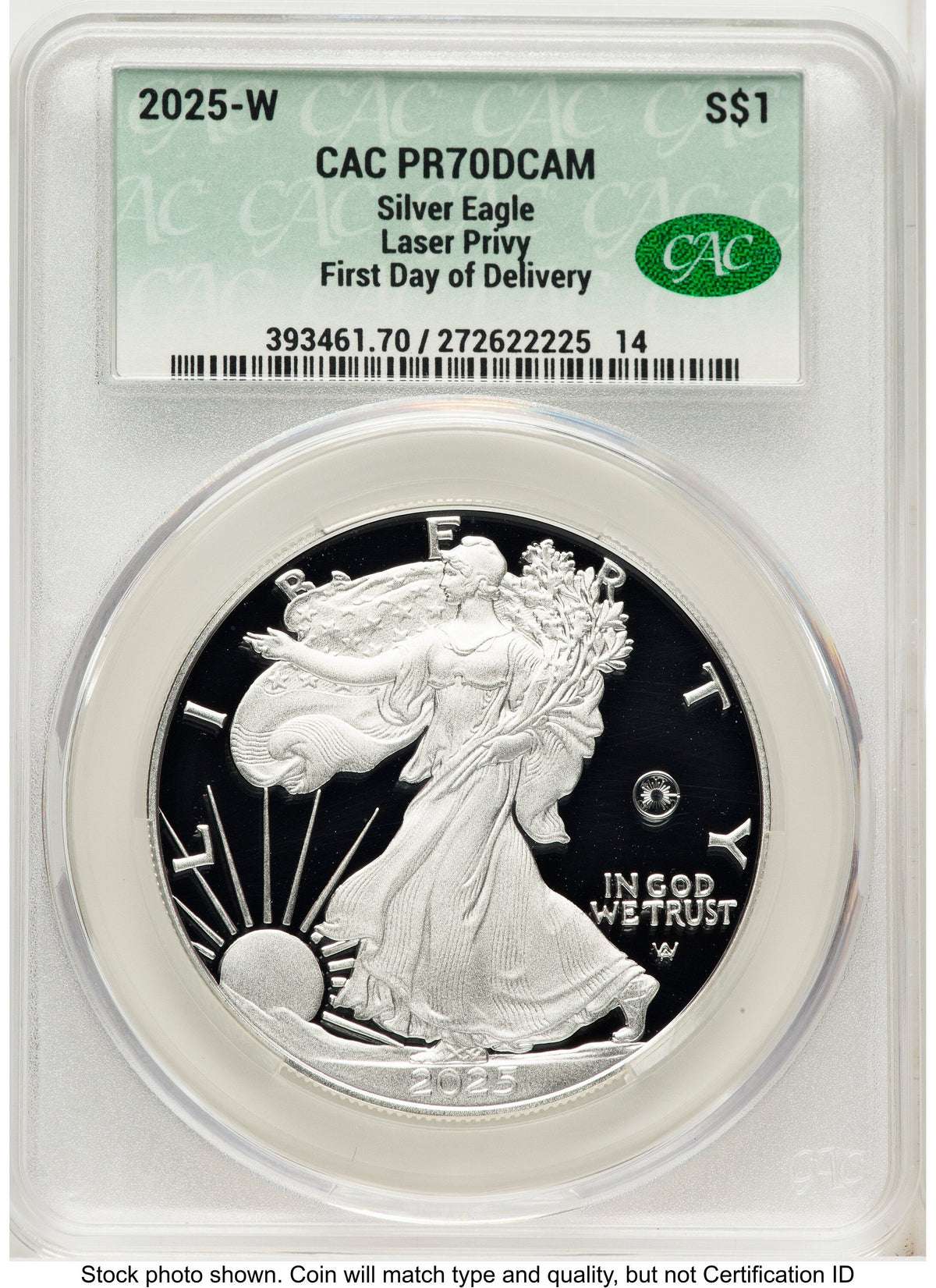 2025-W Proof Silver Eagle Privy Laser Engraved 1 oz First Day Of Delivery CACG PR70