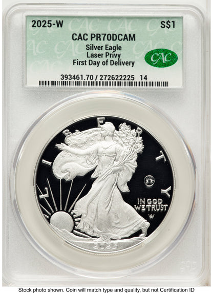 2025-W Proof Silver Eagle Privy Laser Engraved 1 oz First Day Of Delivery CACG PR70