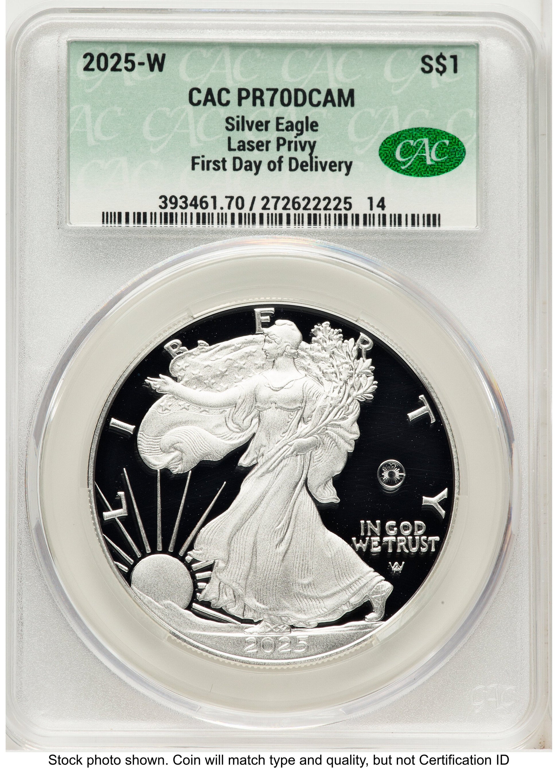 2025-W Proof Silver Eagle Privy Laser Engraved 1 oz First Day Of Delivery CACG PR70