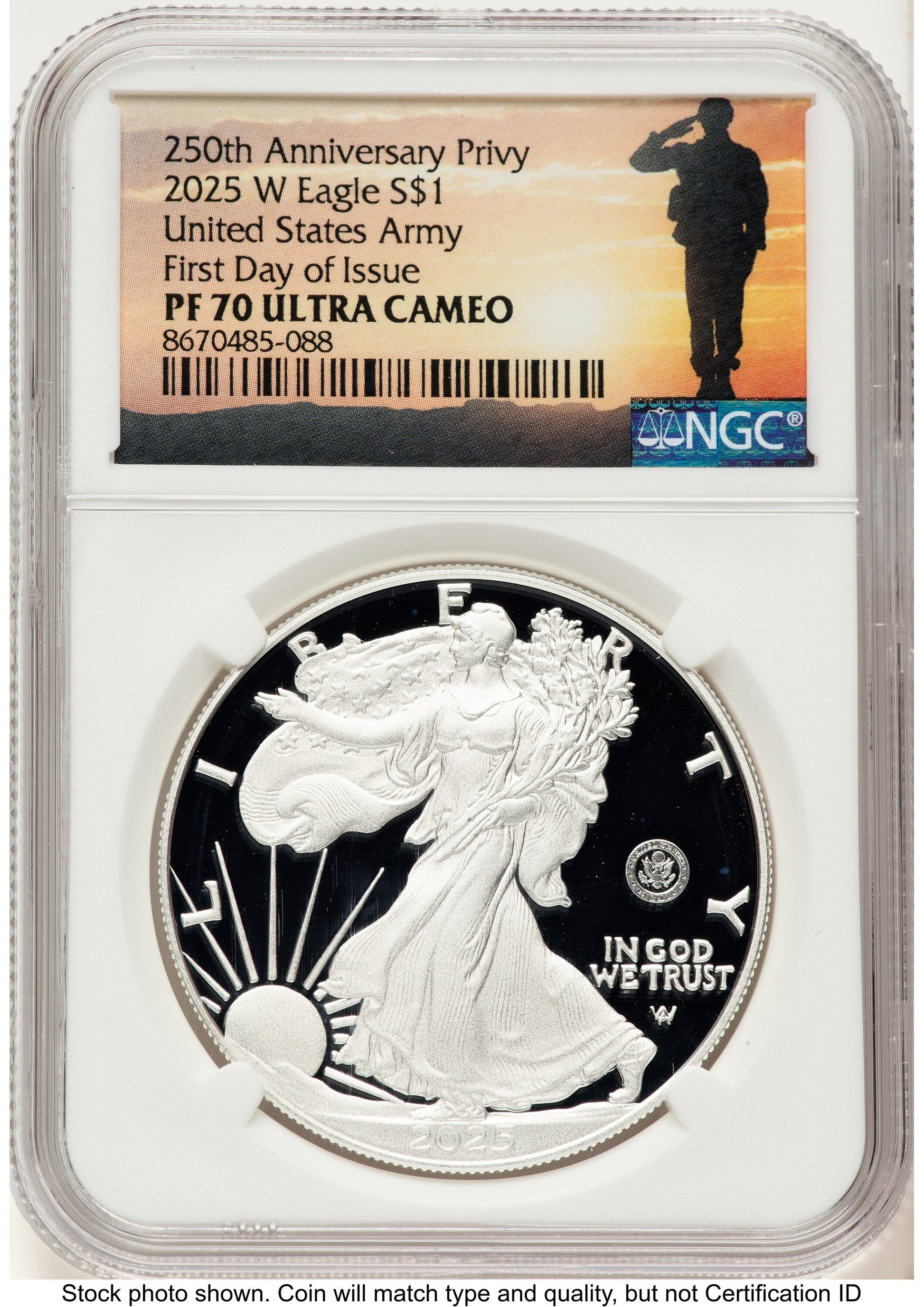 2025-W Proof Silver Eagle Privy U.S. Army 250th Anniversary 1 oz FDI Military Honor Orange NGC PF70