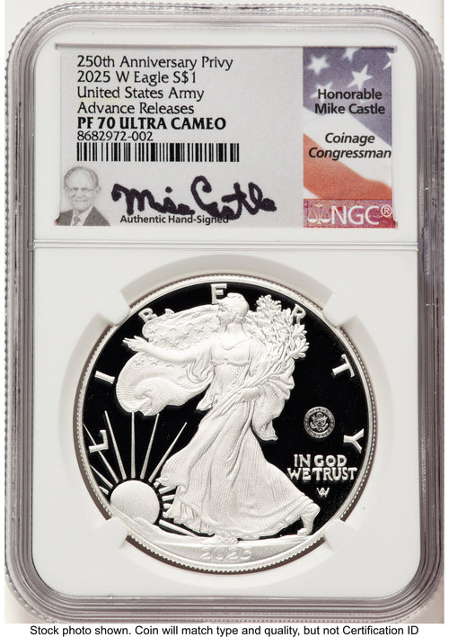 2025-W Proof Silver Eagle Privy U.S. Army 250th Anniversary 1 oz AR Mike Castle NGC PF70