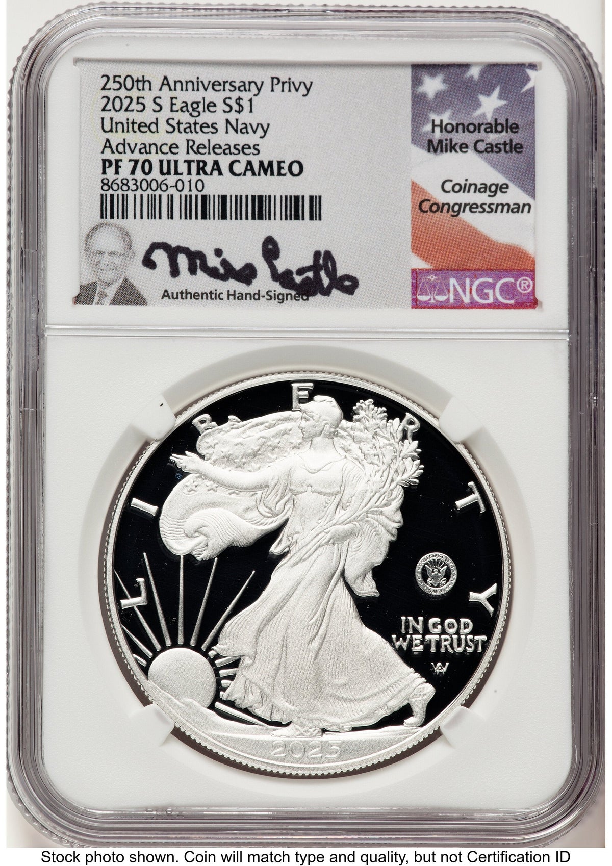 2025-S Proof Silver Eagle Privy U.S. Navy 250th Anniversary 1 oz AR Mike Castle NGC PF70