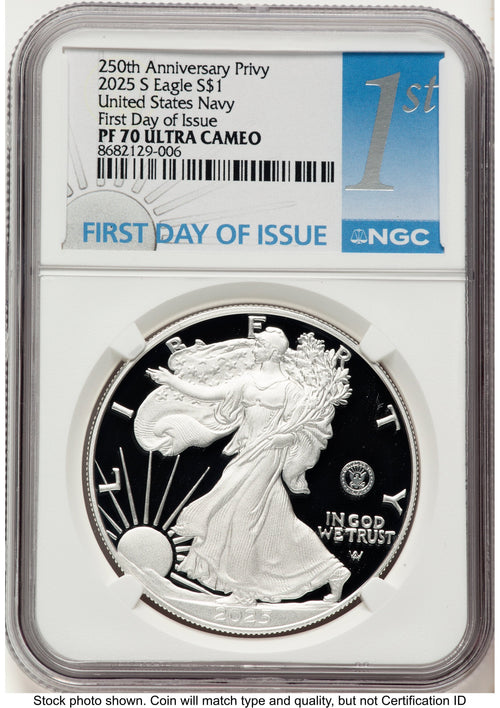 2025-S Proof Silver Eagle Privy U.S. Navy 250th Anniversary 1 oz FDI 1ST NGC PF70