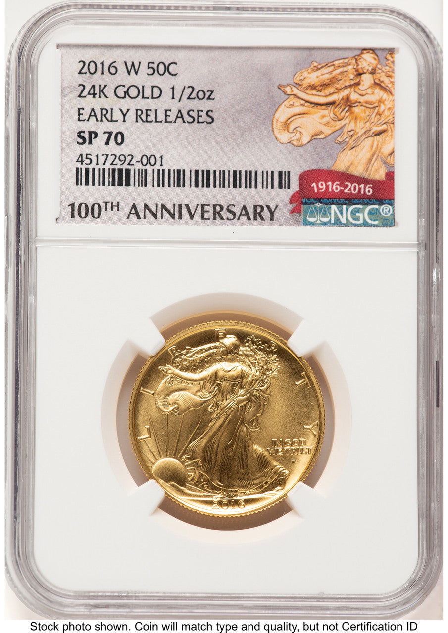2016-W 50C Walking Liberty 100th Anniversary Gold Centennial ER 100th Anniversary NGC MS70