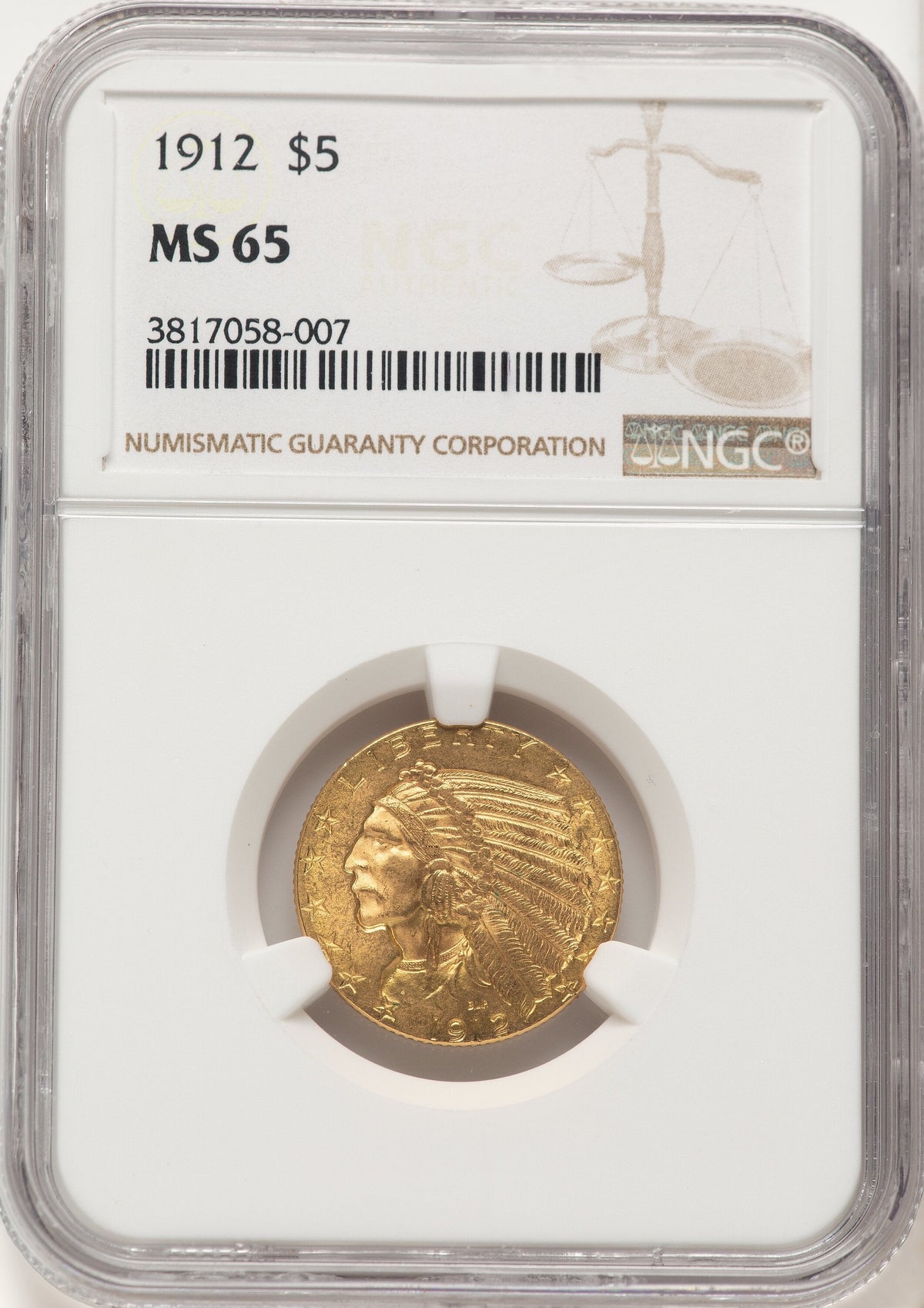 1912 $5 Indian Half Eagle NGC MS65
