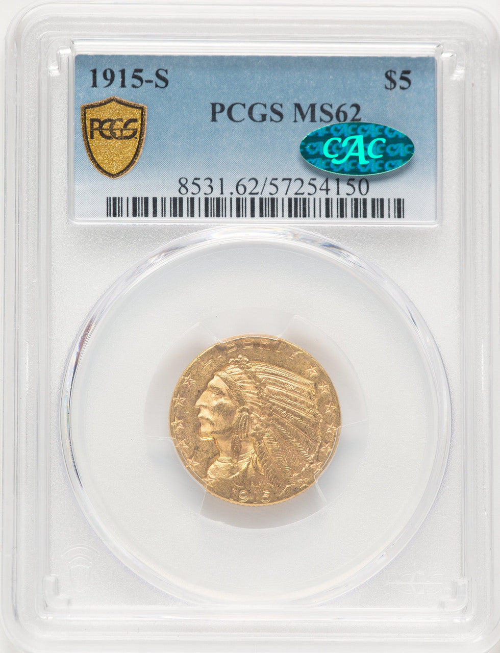1915-S $5 CAC Indian Half Eagle PCGS MS62