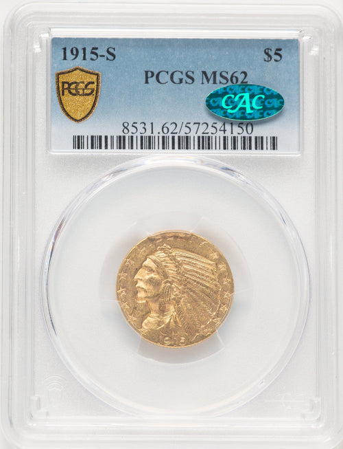 1915-S $5 CAC Indian Half Eagle PCGS MS62