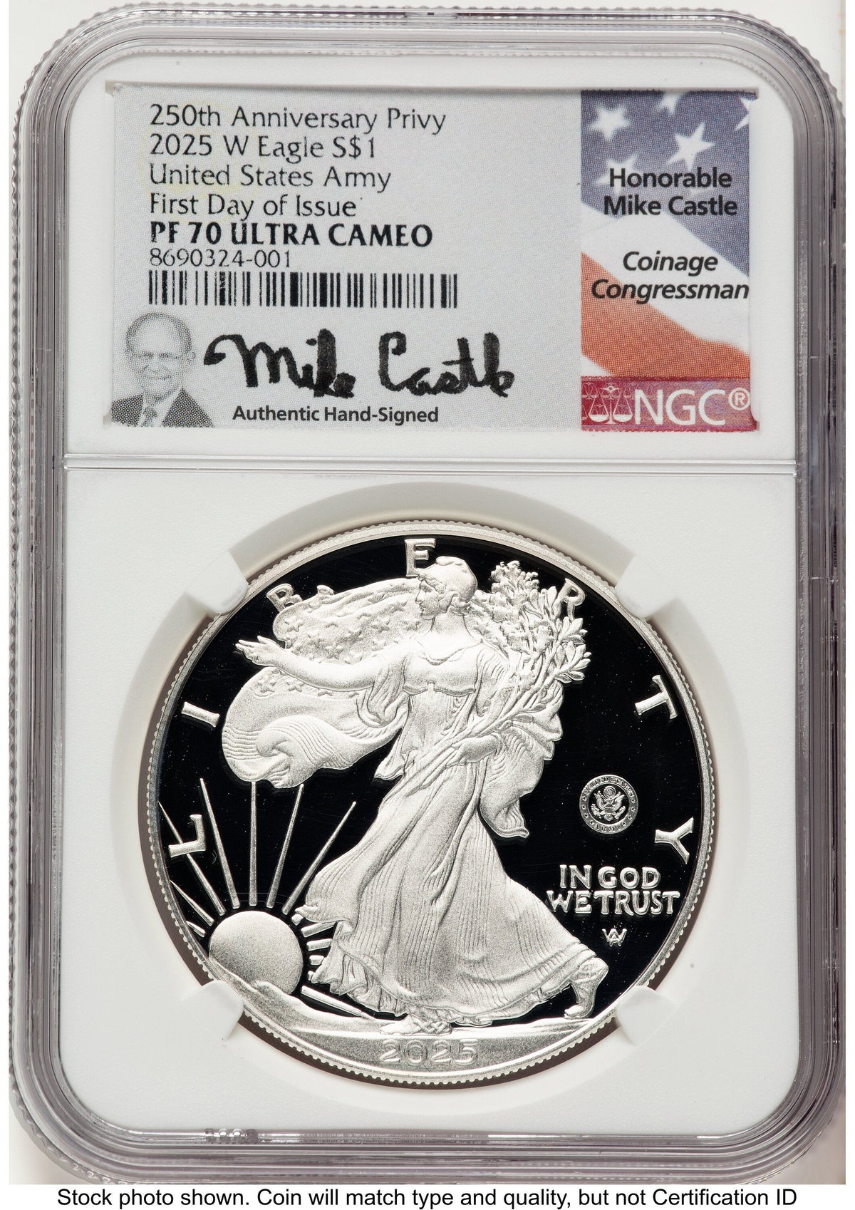 2025-W Proof Silver Eagle Privy U.S. Army 250th Anniversary 1 oz FDI Mike Castle NGC PF70
