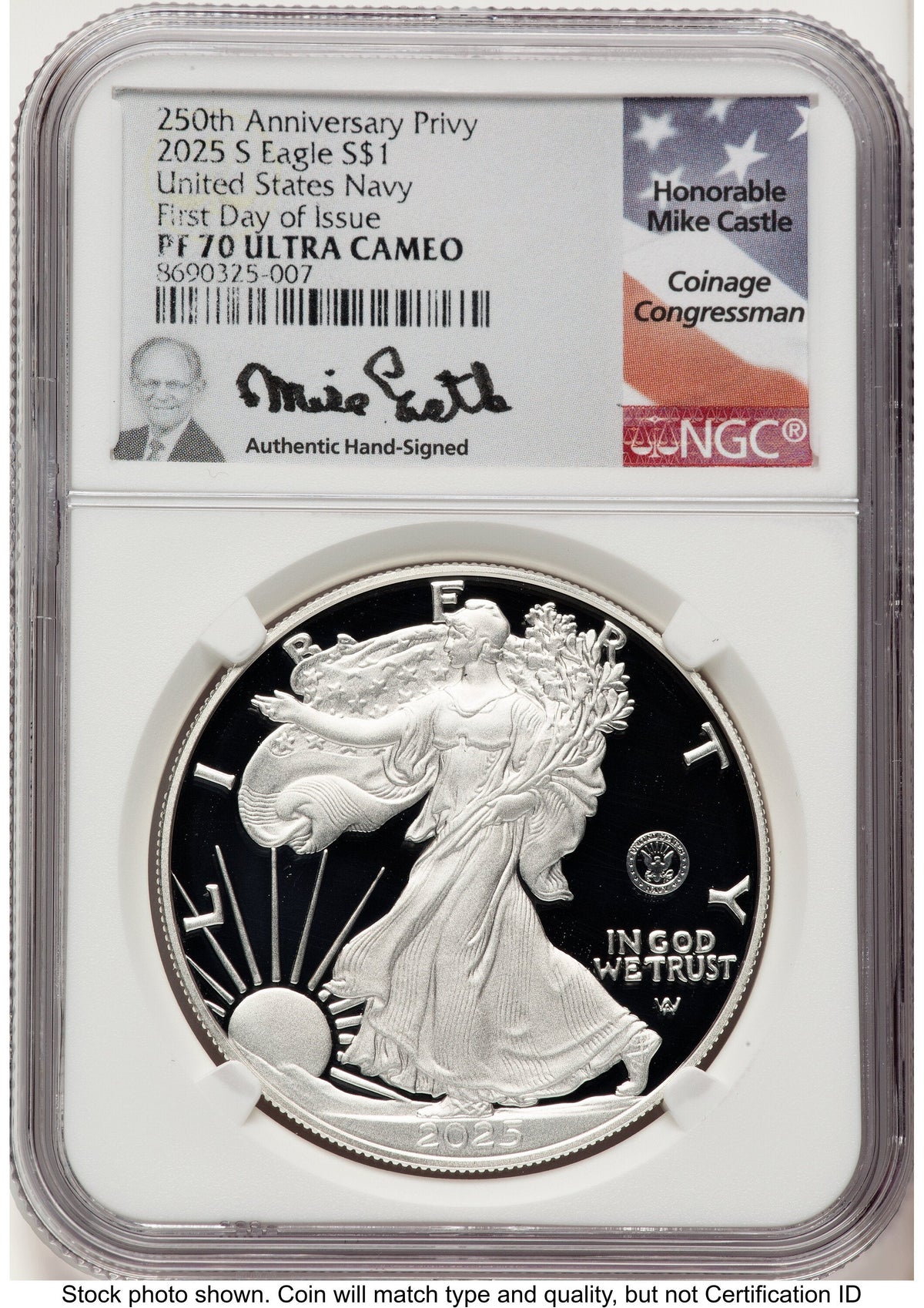 2025-S Proof Silver Eagle Privy U.S. Navy 250th Anniversary 1 oz FDI Mike Castle NGC PF70