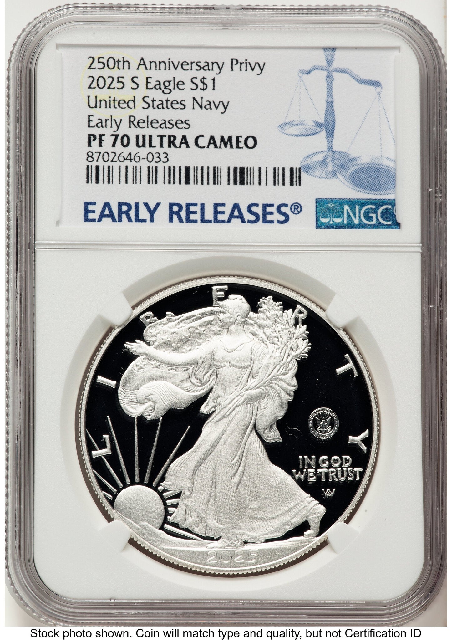 2025-S Proof Silver Eagle Privy U.S. Navy 250th Anniversary 1 oz ER Blue NGC PF70