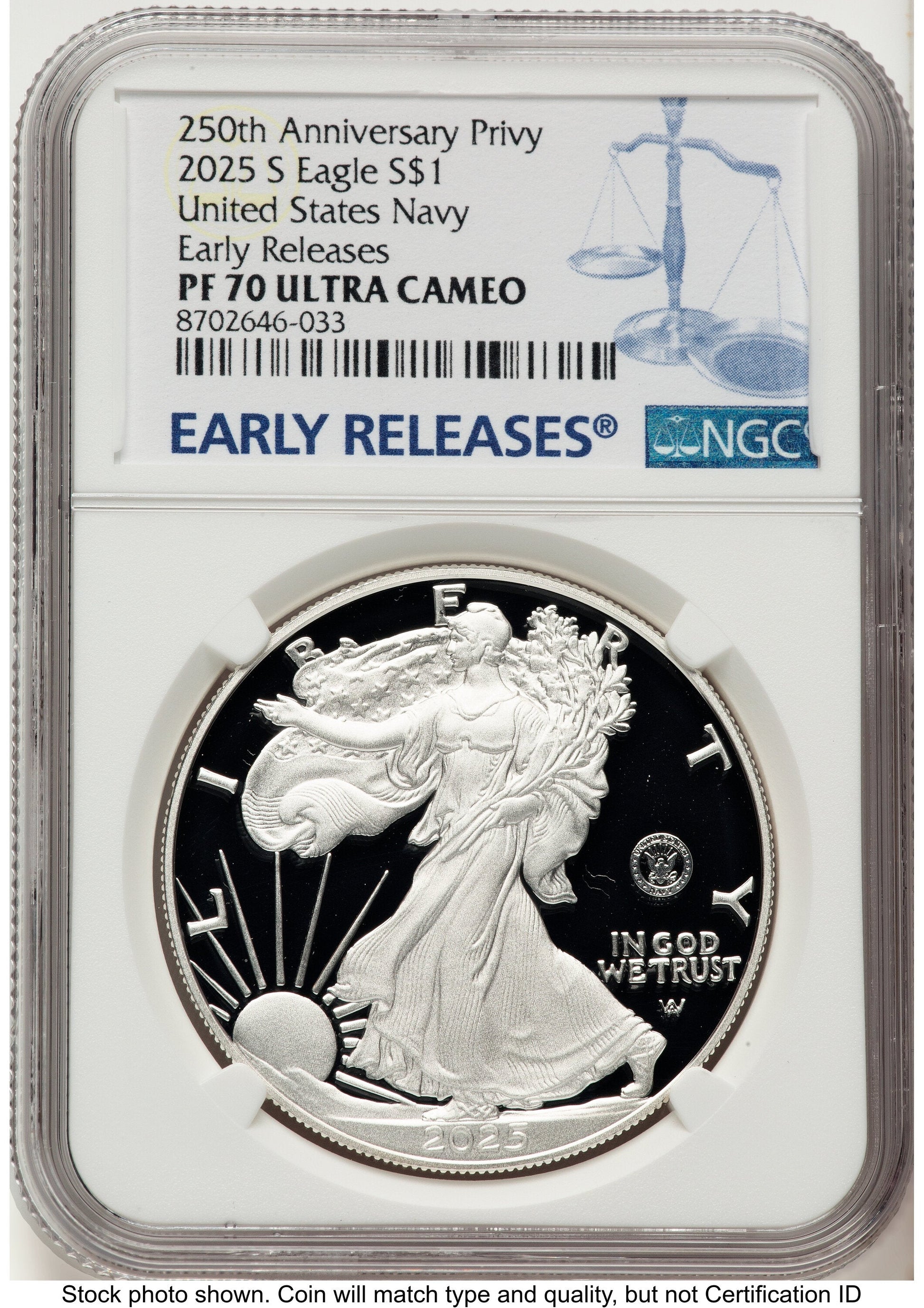 2025-S Proof Silver Eagle Privy U.S. Navy 250th Anniversary 1 oz ER Blue NGC PF70