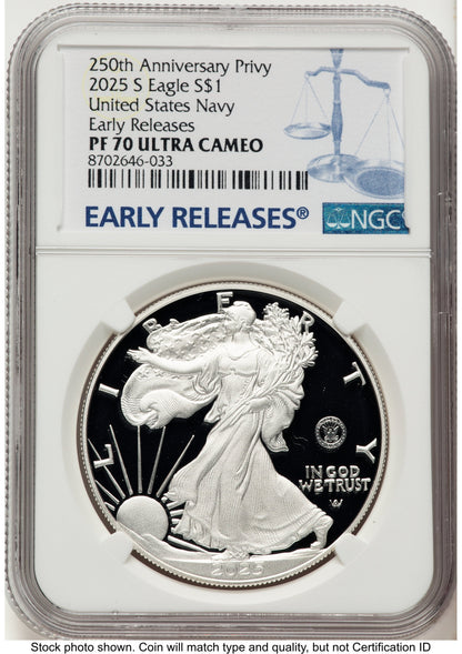 2025-S Proof Silver Eagle Privy U.S. Navy 250th Anniversary 1 oz ER Blue NGC PF70