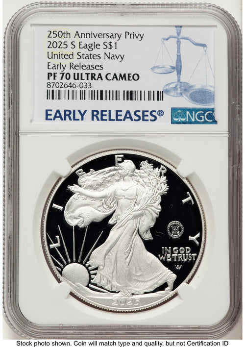 2025-S Proof Silver Eagle Privy U.S. Navy 250th Anniversary 1 oz ER Blue NGC PF70