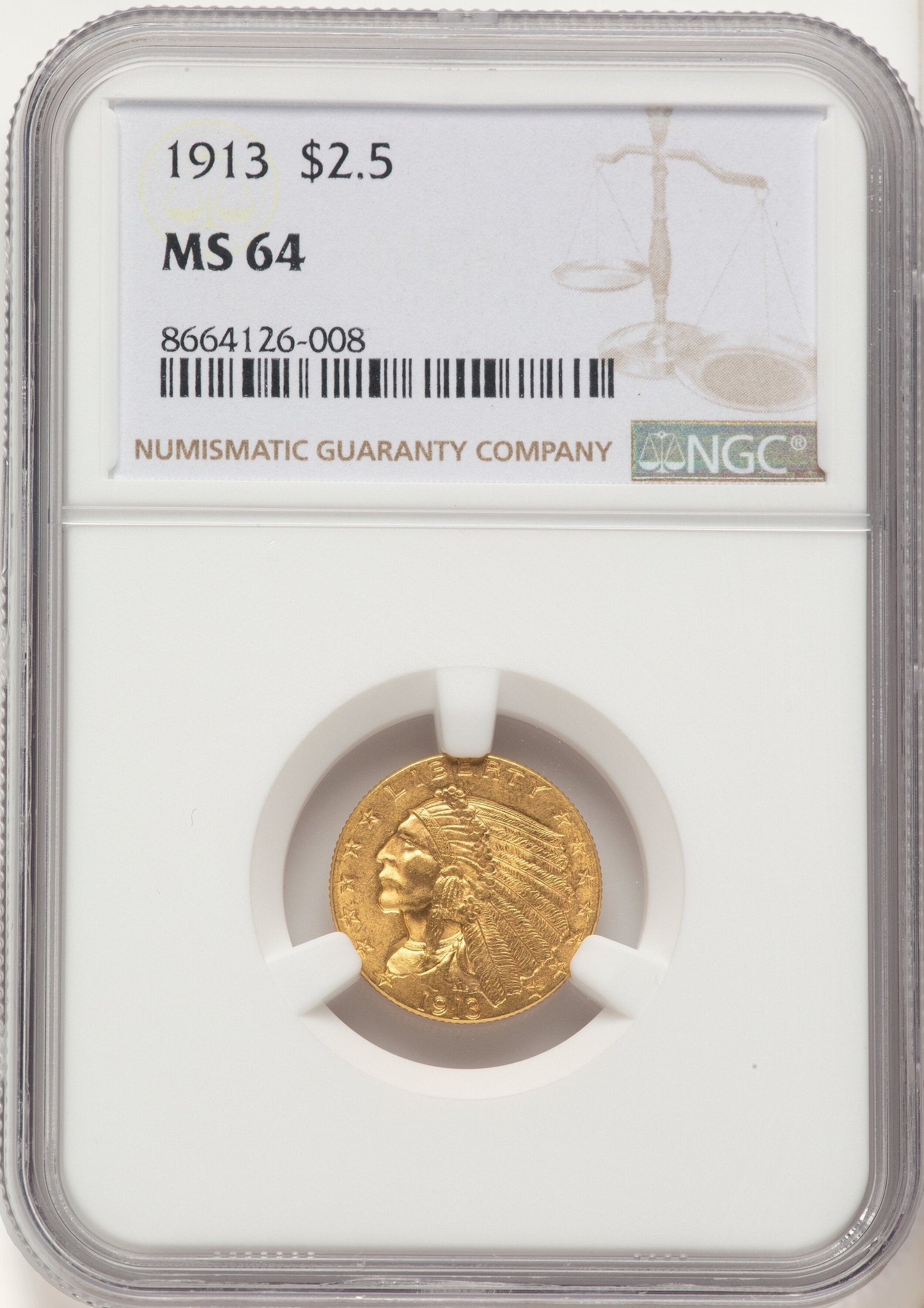 1913 $2.50 Indian Quarter Eagle NGC MS64