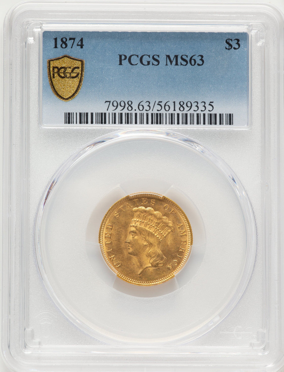 1874 $3 Three Dollar Gold Pieces PCGS MS63