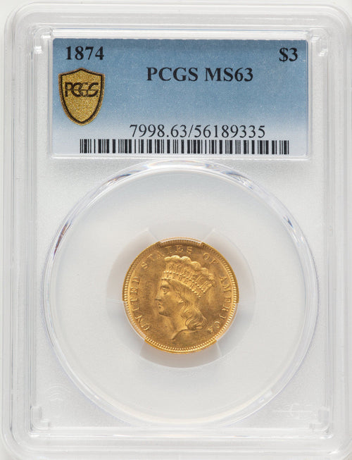 1874 $3 Three Dollar Gold Pieces PCGS MS63