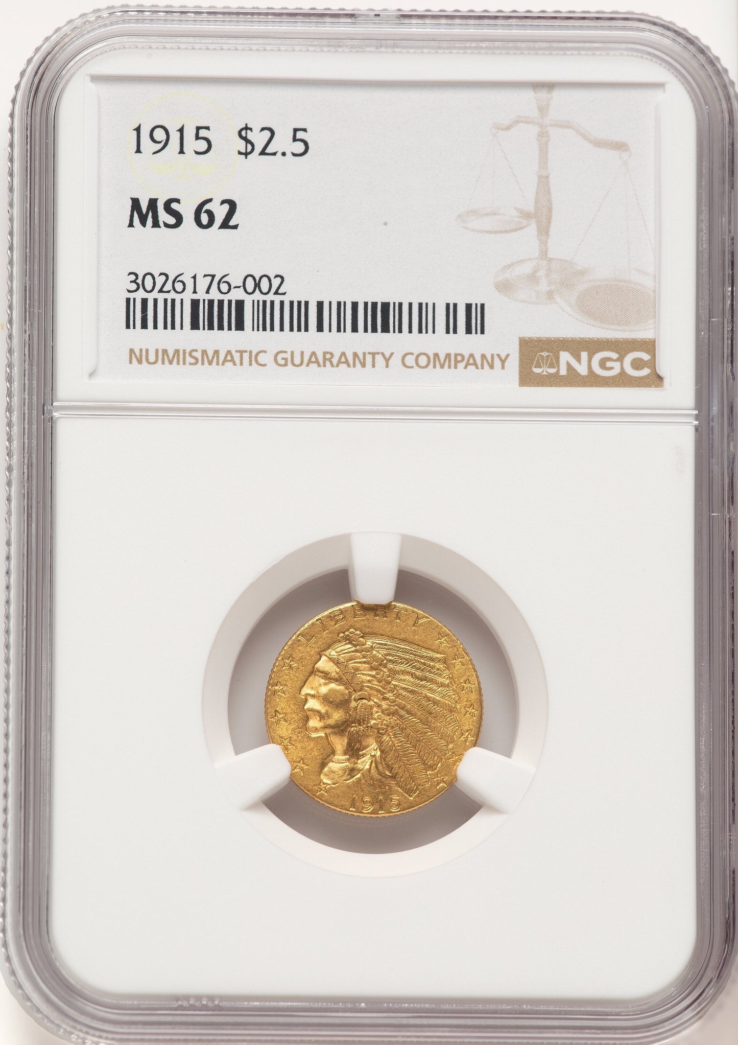 1915 $2.50 Indian Quarter Eagle NGC MS62