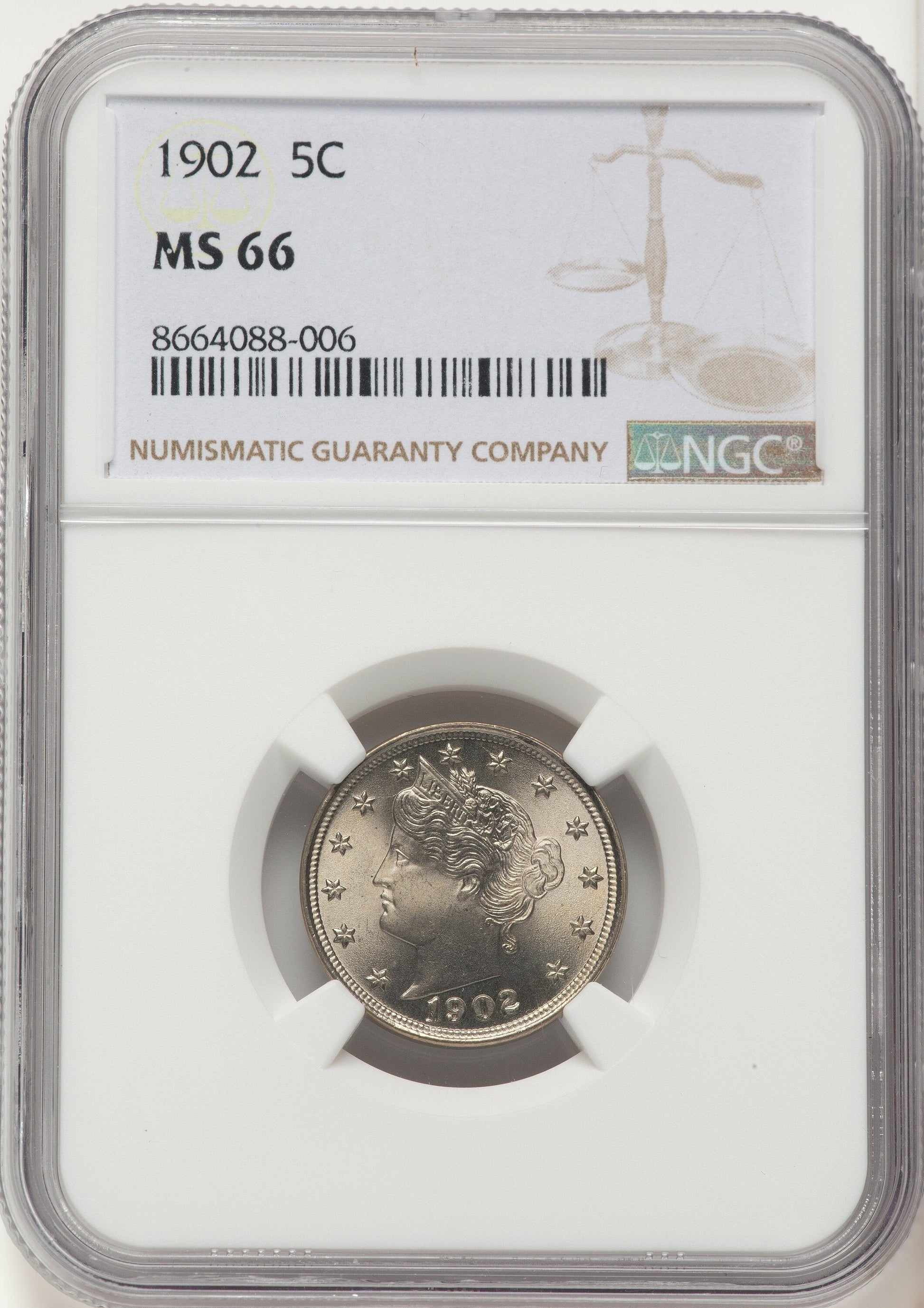 1902 5C Liberty Nickel NGC MS66