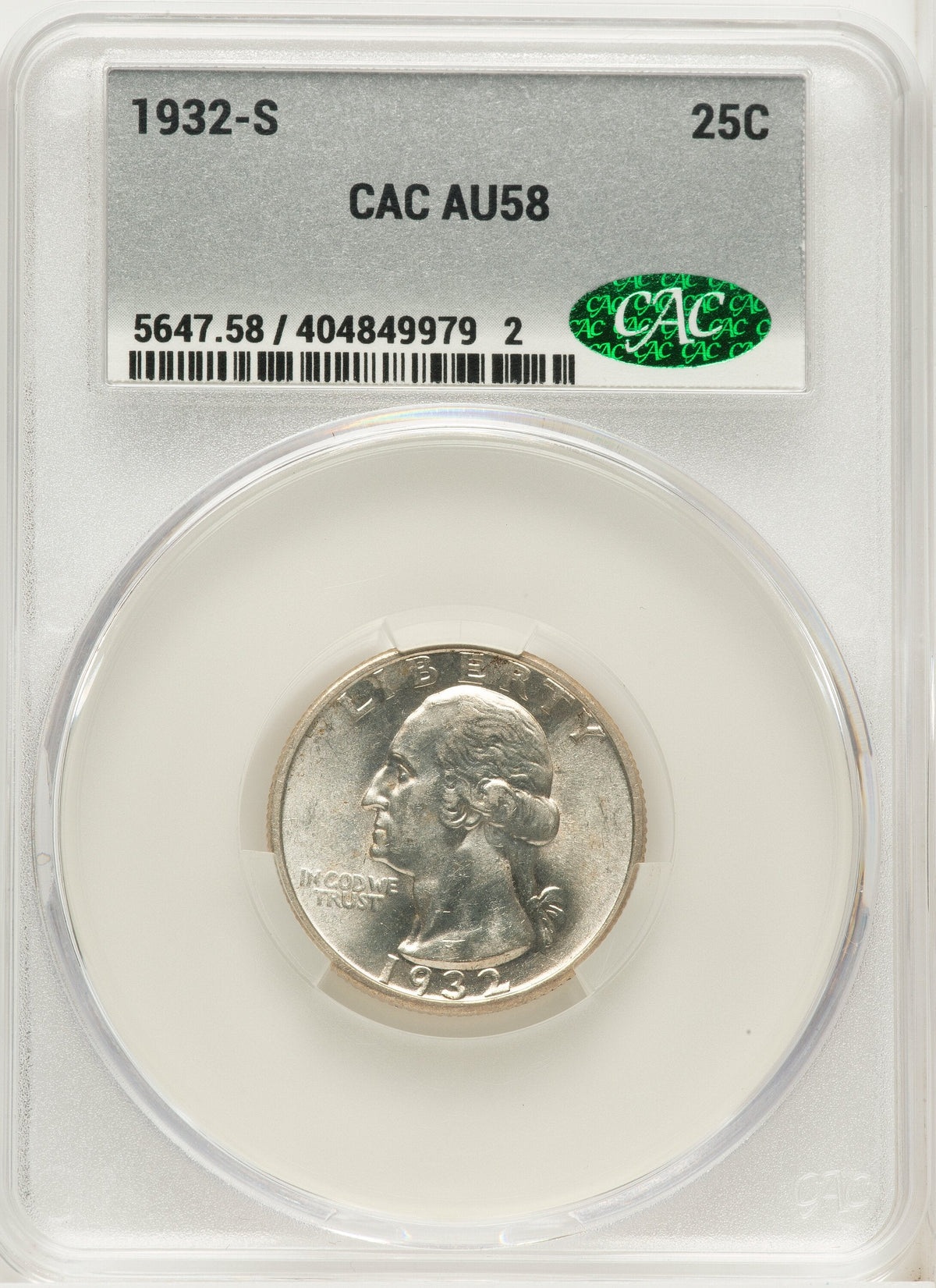 1932-S 25C Washington Quarter CACG AU58