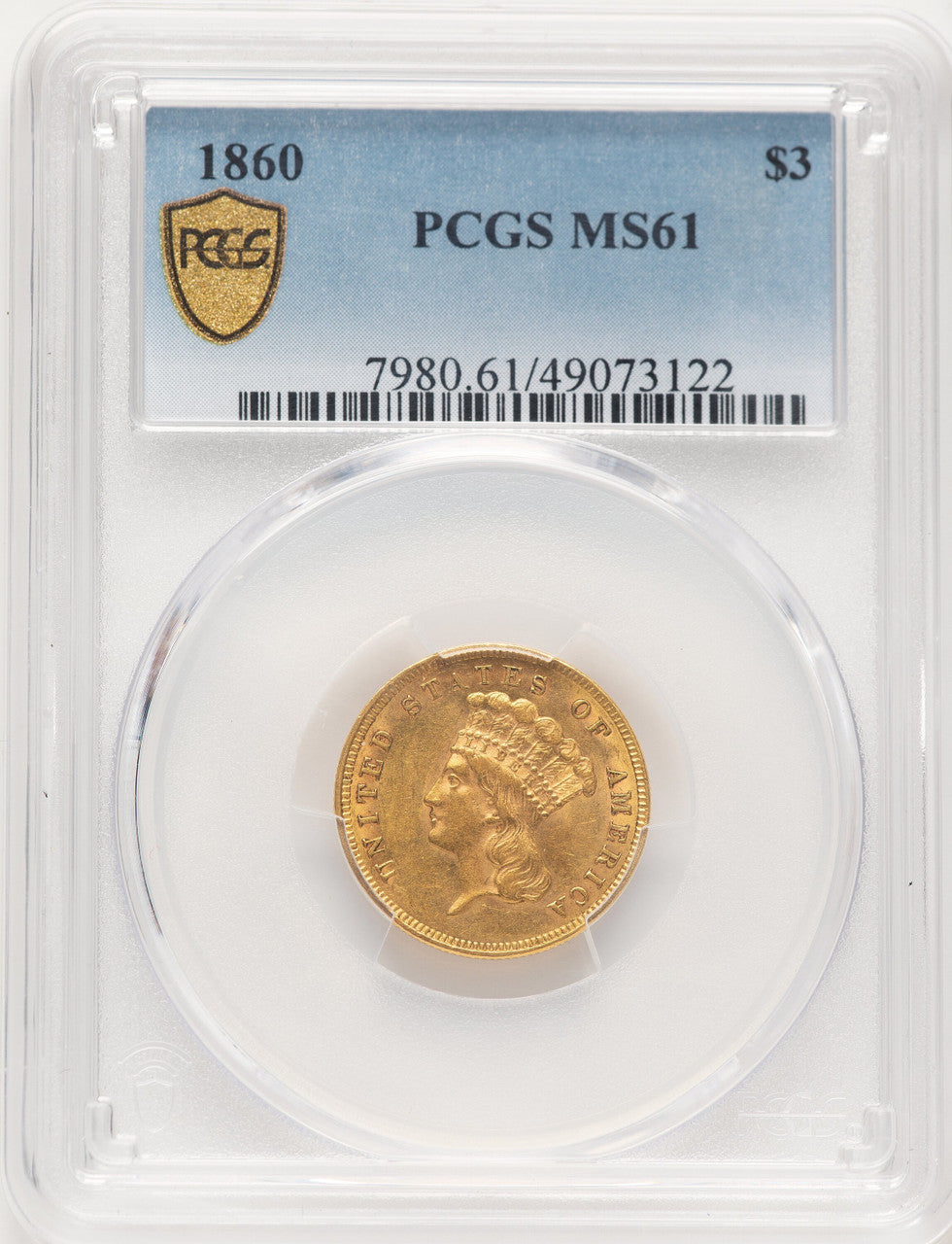1860 $3 Three Dollar Gold Pieces PCGS MS61