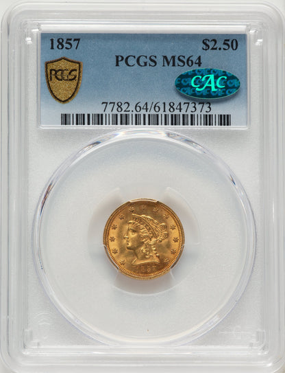 1857 $2.50 CAC Liberty Quarter Eagle PCGS MS64