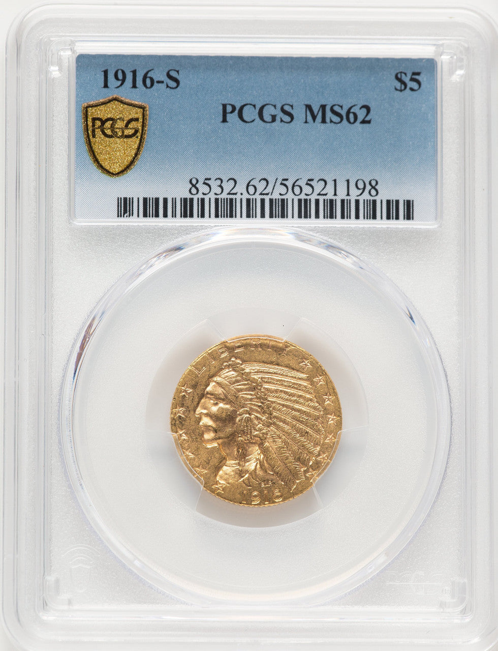 1916-S $5 Indian Half Eagle PCGS MS62