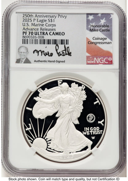 2025-P Proof Silver Eagle Privy U.S. Marine Corps 250th Anniversary 1 oz AR Mike Castle NGC PF70