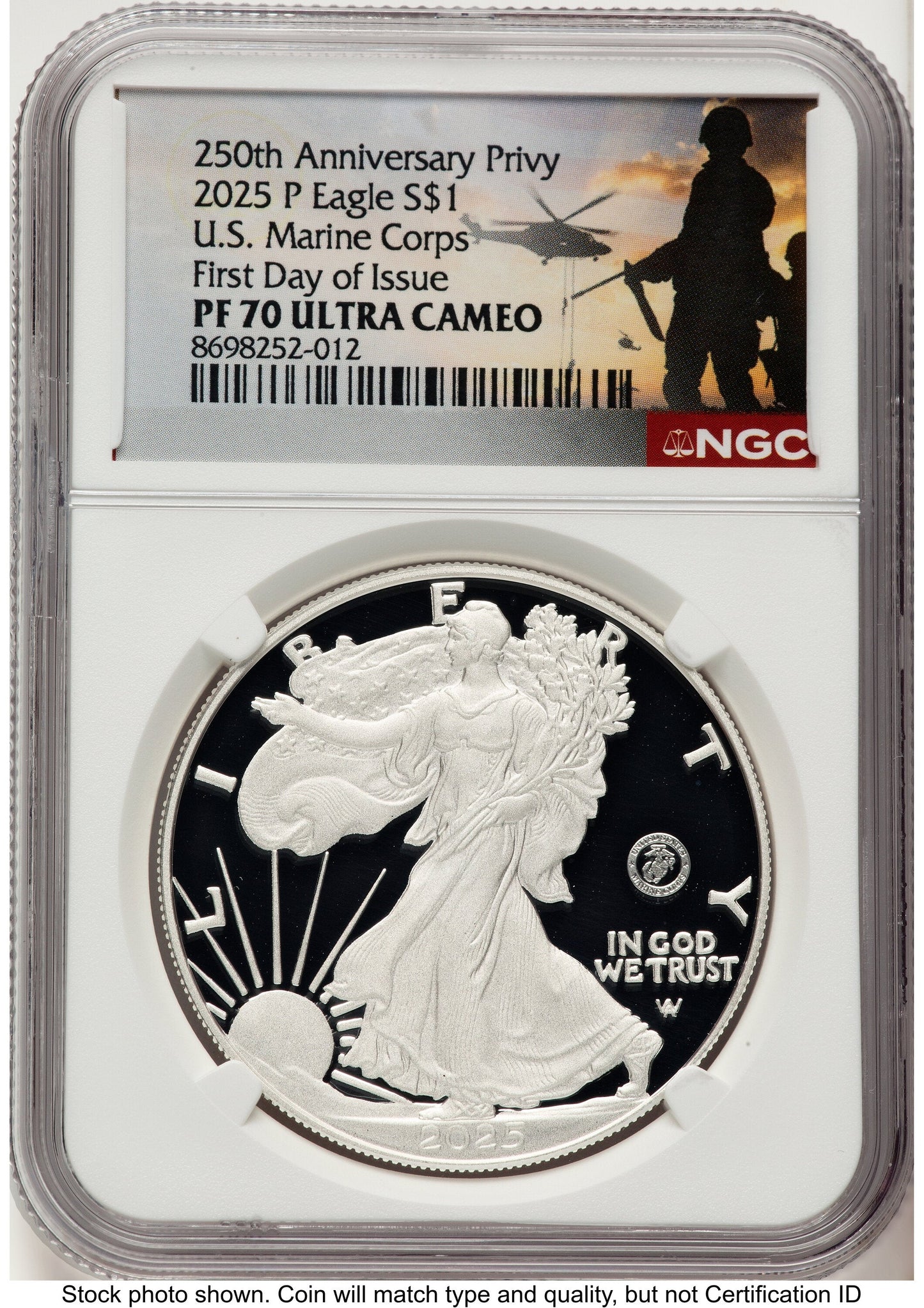 2025-P Proof Silver Eagle Privy U.S. Marine Corps 250th Anniversary 1 oz FDI US Army Helicopter Label NGC PF70