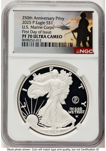 2025-P Proof Silver Eagle Privy U.S. Marine Corps 250th Anniversary 1 oz FDI US Army Helicopter Label NGC PF70