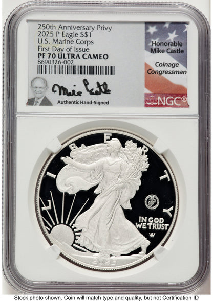 2025-P Proof Silver Eagle Privy U.S. Marine Corps 250th Anniversary 1 oz FDI Mike Castle NGC PF70