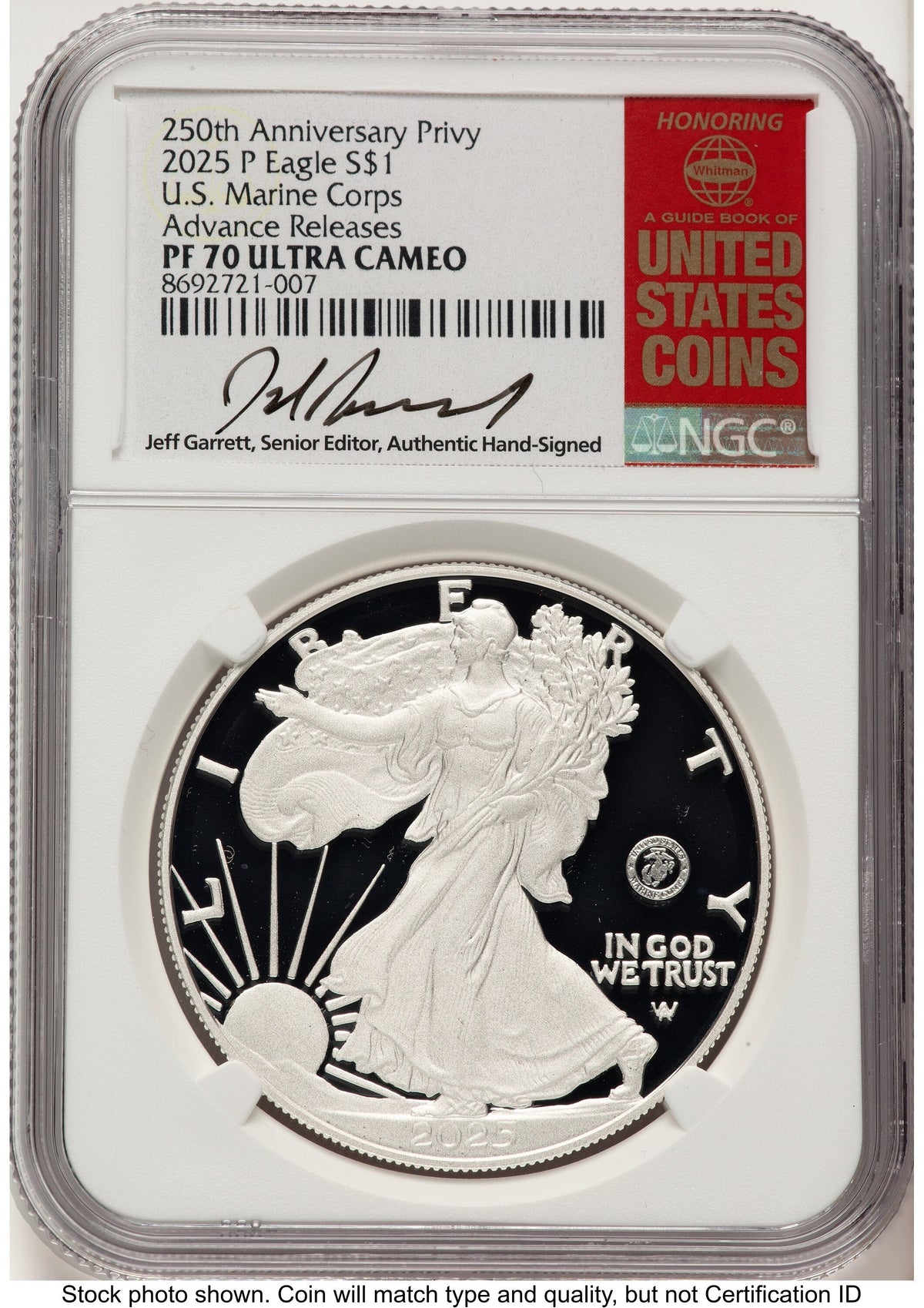 2025-P Proof Silver Eagle Privy U.S. Marine Corps 250th Anniversary 1 oz AR Jeff Garrett Red Book NGC PF70