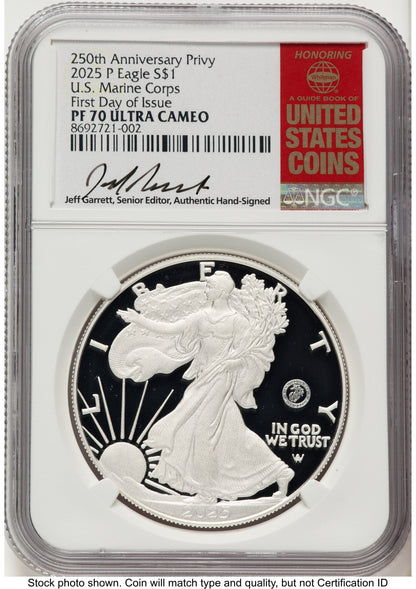2025-P Proof Silver Eagle Privy U.S. Marine Corps 250th Anniversary 1 oz FDI Jeff Garrett Red Book NGC PF70