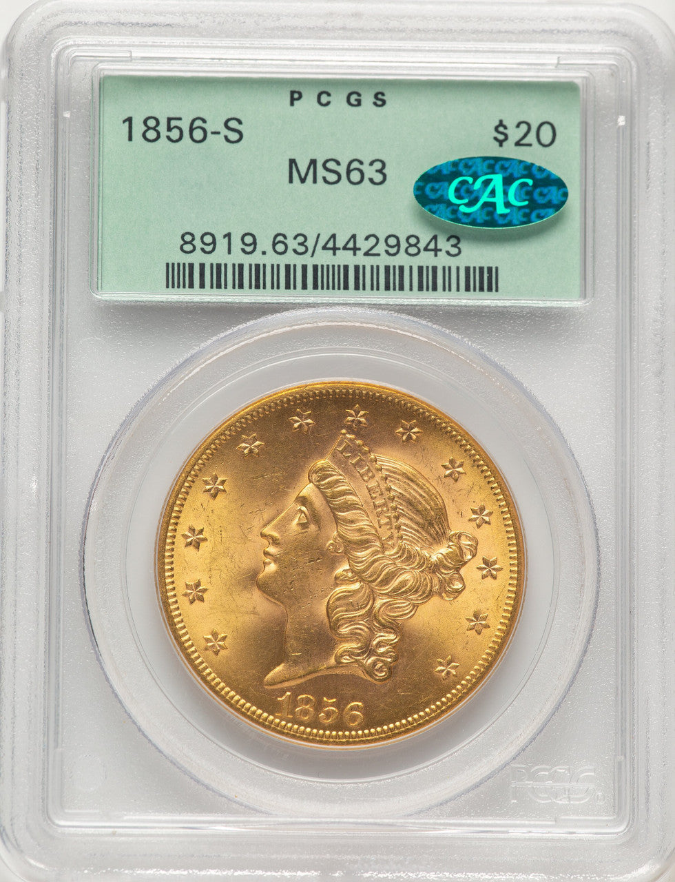 1856-S $20 CAC Liberty Double Eagle PCGS MS63