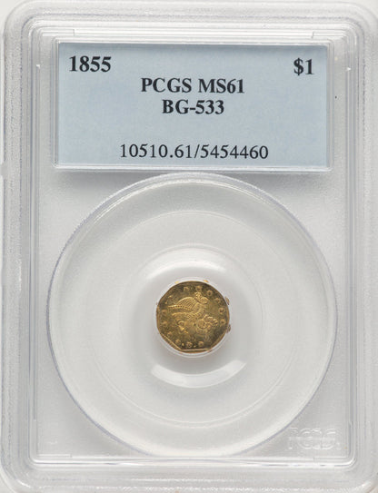 1855 Liberty Octagonal 1 Dollar BG-533 Low R.4 California Fractional Gold PCGS MS61
