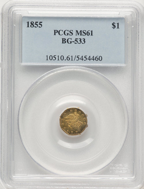 1855 Liberty Octagonal 1 Dollar BG-533 Low R.4 California Fractional Gold PCGS MS61