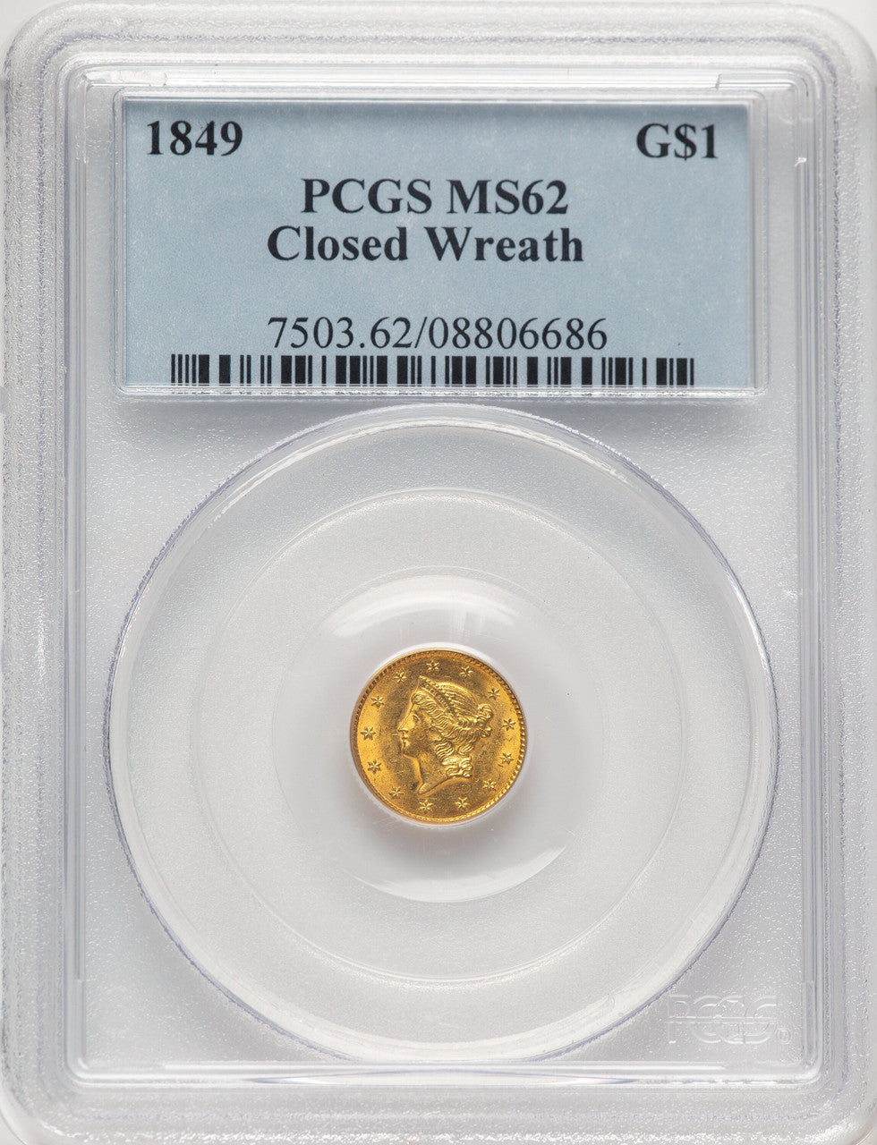 1849 G$1 Closed Wreath Gold Dollar PCGS MS62