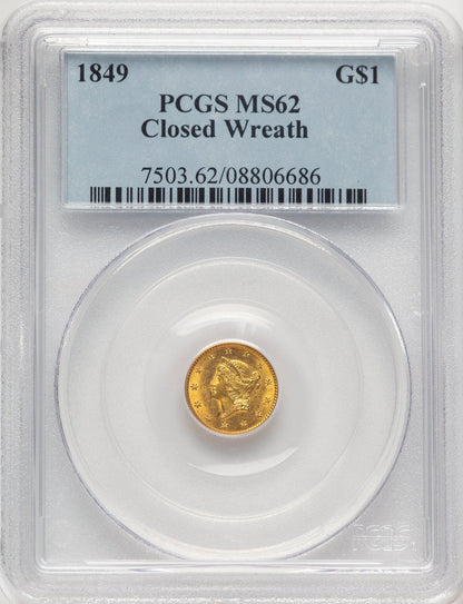 1849 G$1 Closed Wreath Gold Dollar PCGS MS62