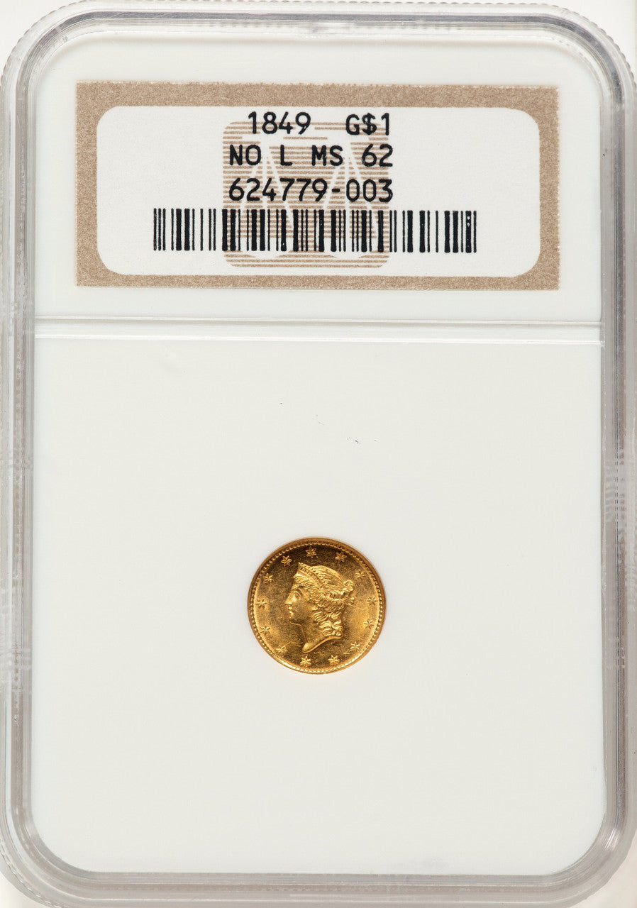 1849 G$1 NO L Gold Dollar NGC MS62
