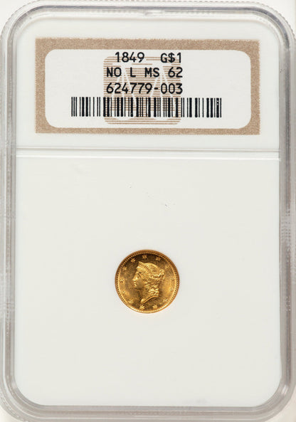 1849 G$1 NO L Gold Dollar NGC MS62