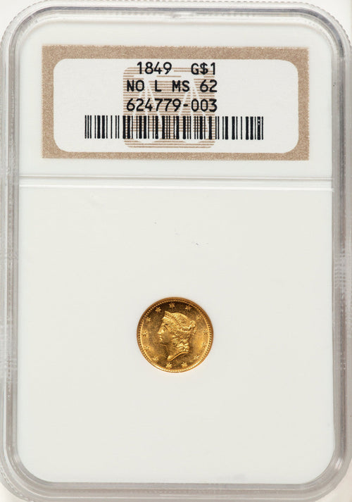 1849 G$1 NO L Gold Dollar NGC MS62