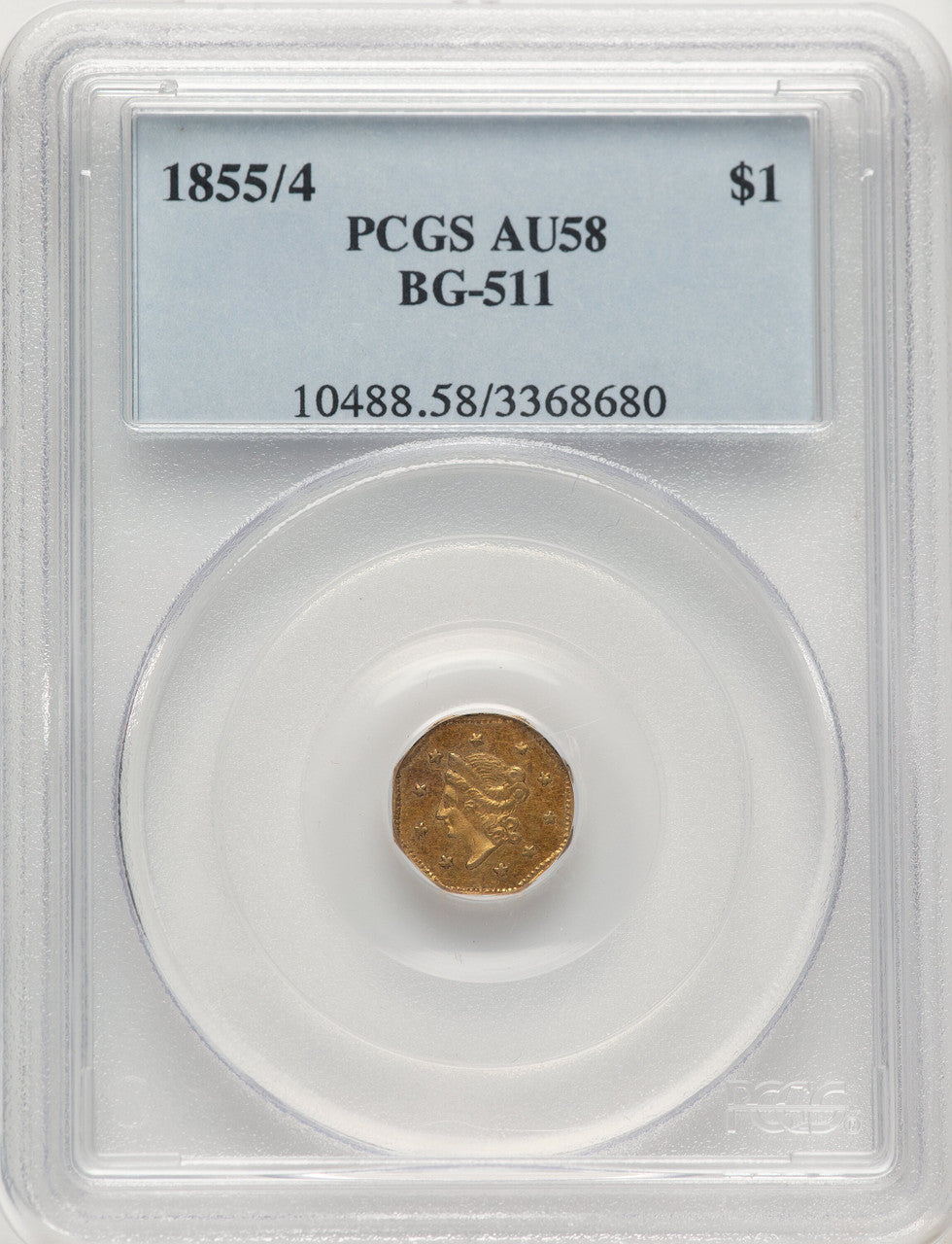 1855/4 Liberty Octagonal 1 Dollar BG-511 High R.4 California Fractional Gold PCGS AU58