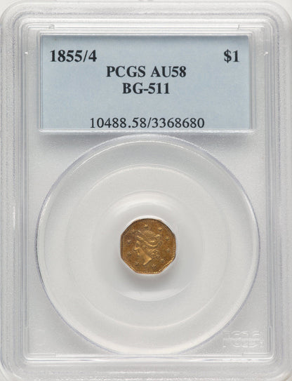 1855/4 Liberty Octagonal 1 Dollar BG-511 High R.4 California Fractional Gold PCGS AU58