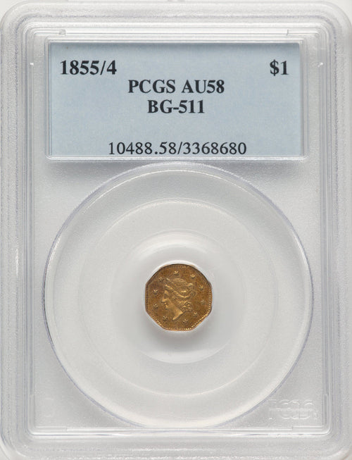 1855/4 Liberty Octagonal 1 Dollar BG-511 High R.4 California Fractional Gold PCGS AU58