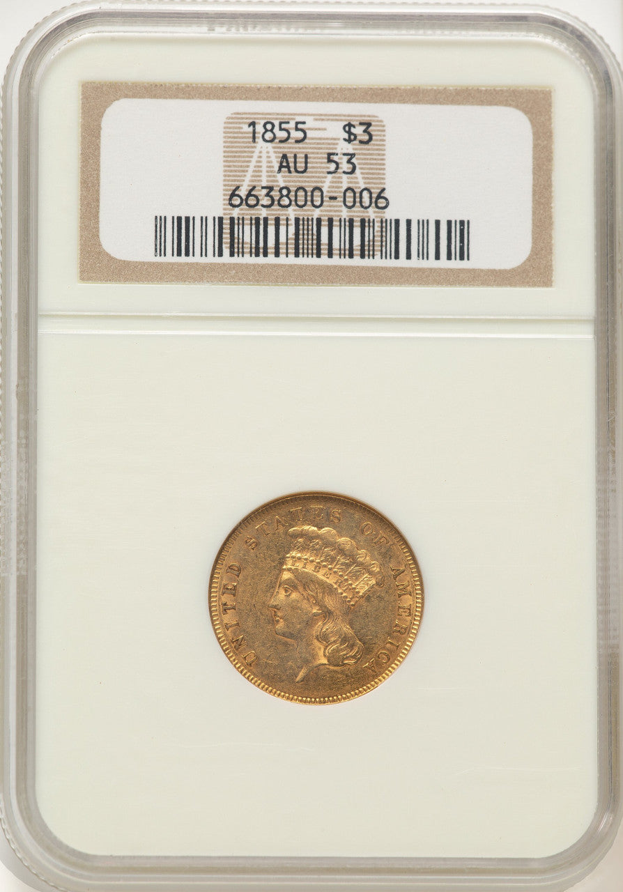 1855 $3 Three Dollar Gold Pieces NGC AU53