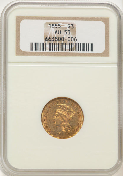 1855 $3 Three Dollar Gold Pieces NGC AU53