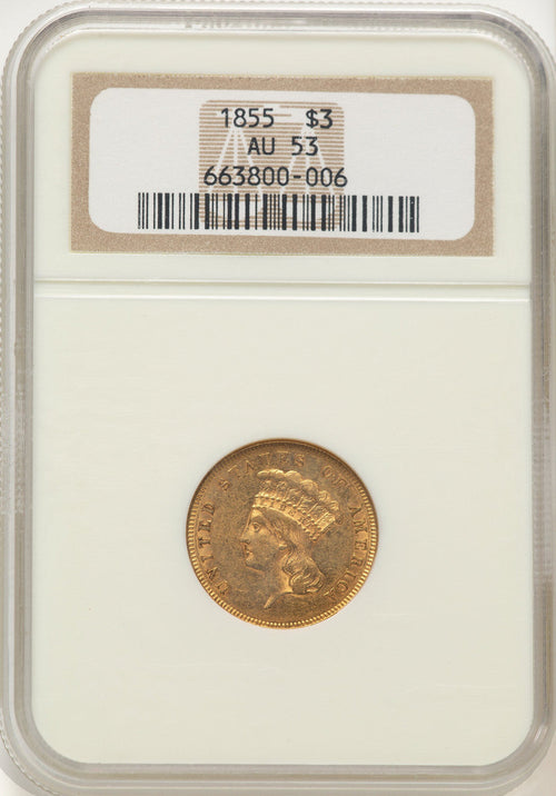 1855 $3 Three Dollar Gold Pieces NGC AU53