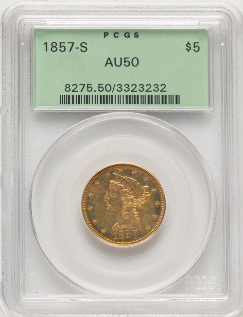 1857-S $5 Liberty Half Eagle PCGS AU50