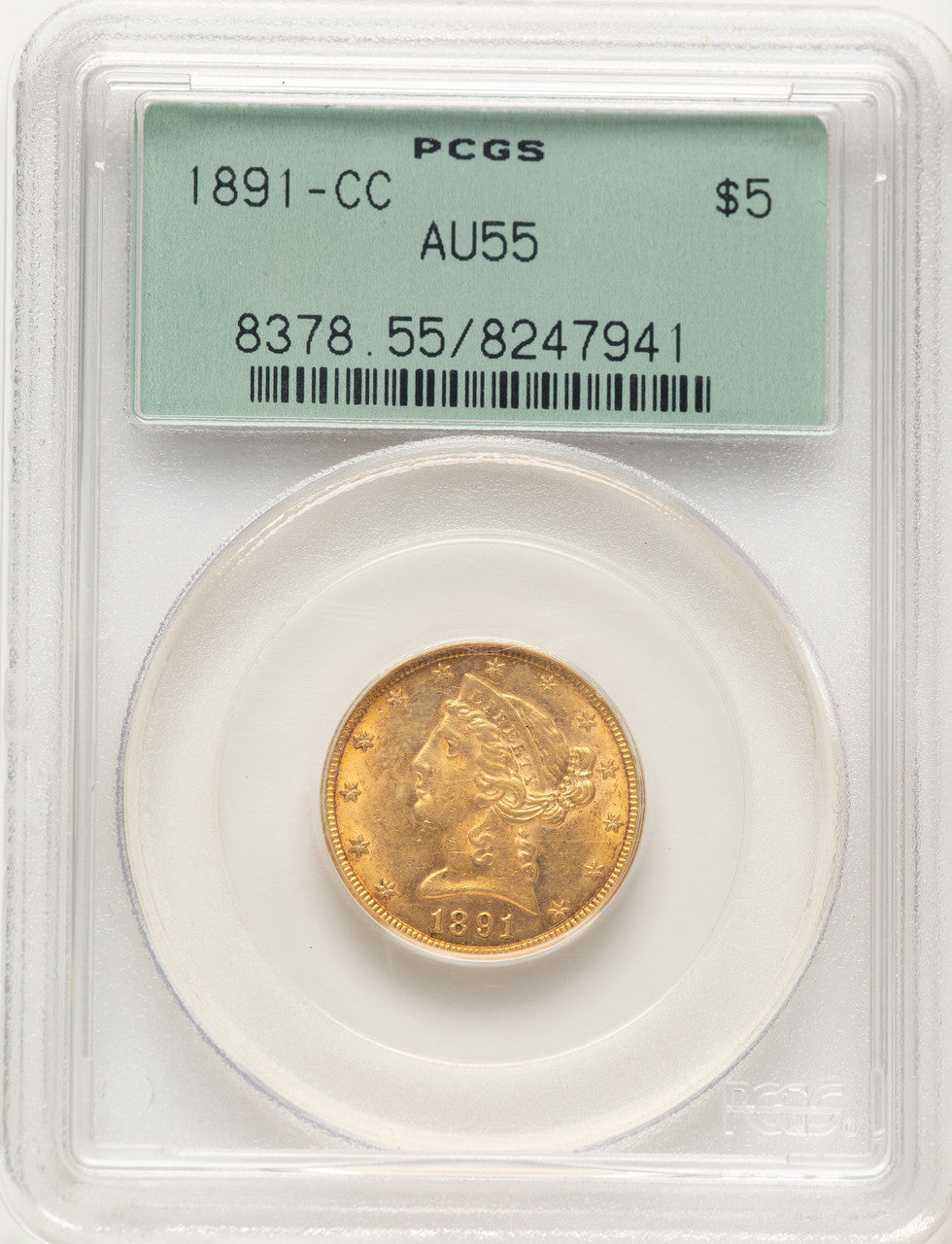 1891-CC $5 Liberty Half Eagle PCGS AU55